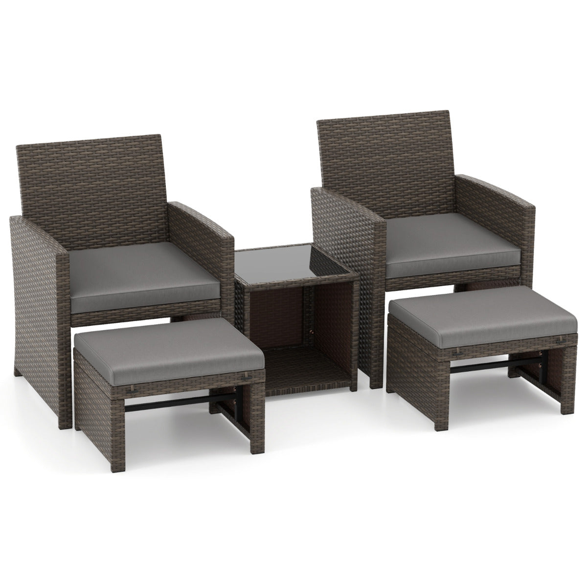 Set de 5 Muebles de Ratán Set Conversación de Exterior con Silla Acolchada Otomana y Mesa Baja para Jardín Patio Piscina Gris