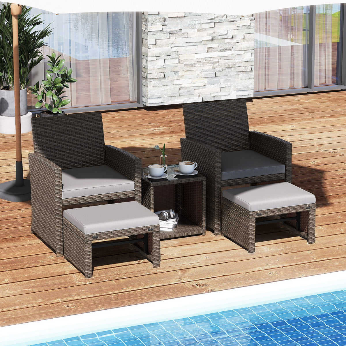 Set de 5 Muebles de Ratán Set Conversación de Exterior con Silla Acolchada Otomana y Mesa Baja para Jardín Patio Piscina Gris