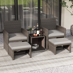 Set de 5 Muebles de Ratán Set Conversación de Exterior con Silla Acolchada Otomana y Mesa Baja para Jardín Patio Piscina Gris