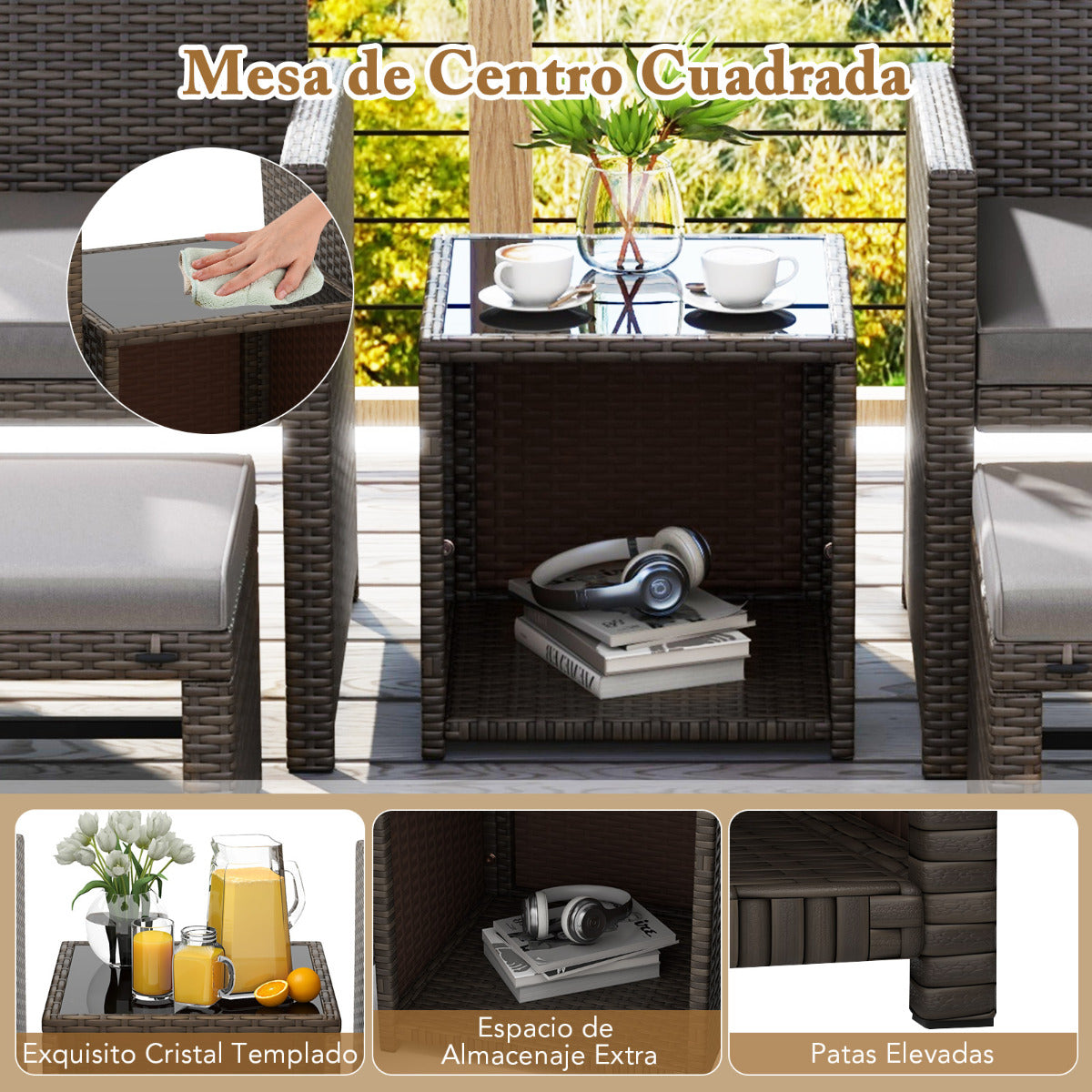 Set de 5 Muebles de Ratán Set Conversación de Exterior con Silla Acolchada Otomana y Mesa Baja para Jardín Patio Piscina Gris