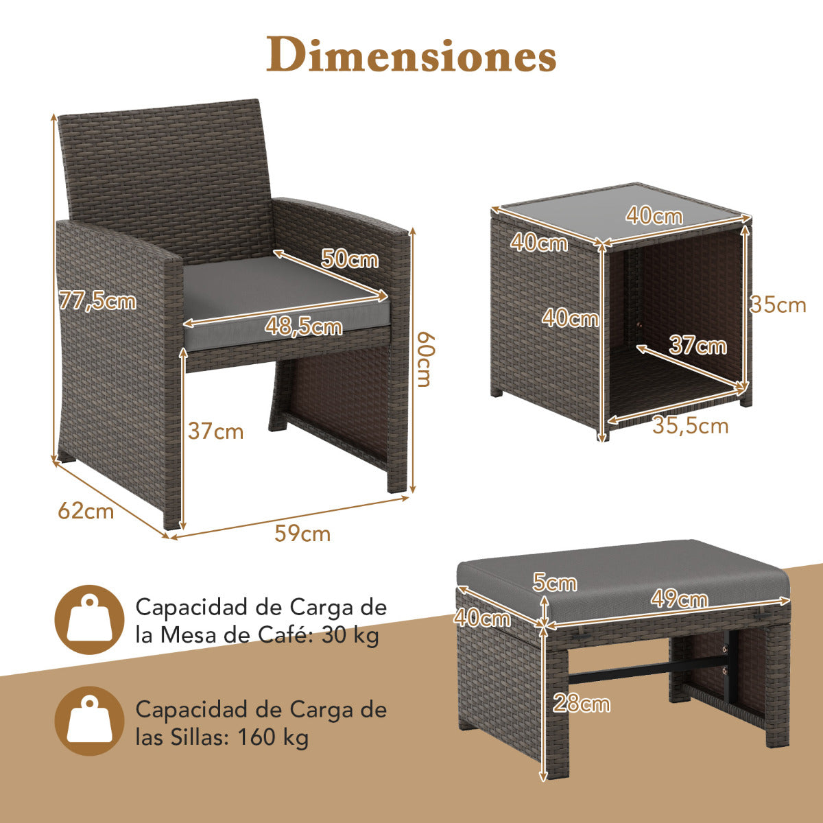 Set de 5 Muebles de Ratán Set Conversación de Exterior con Silla Acolchada Otomana y Mesa Baja para Jardín Patio Piscina Gris