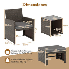 Set de 5 Muebles de Ratán Set Conversación de Exterior con Silla Acolchada Otomana y Mesa Baja para Jardín Patio Piscina Gris