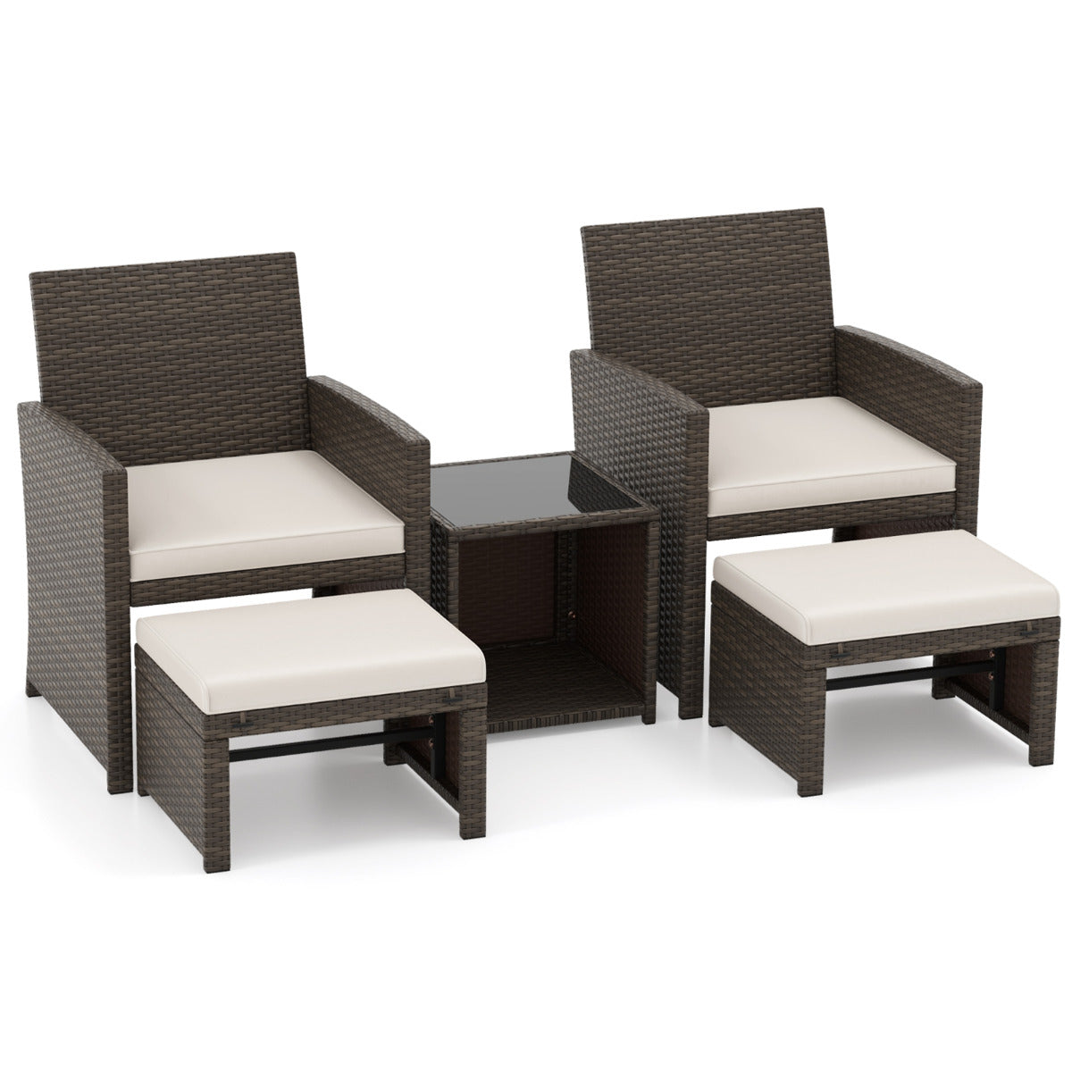 Set de 5 Muebles de Ratán Set Conversación de Exterior con Silla Acolchada Otomana y Mesa Baja para Jardín Patio Piscina Blanco