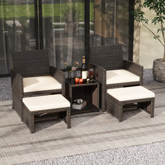 Set de 5 Muebles de Ratán Set Conversación de Exterior con Silla Acolchada Otomana y Mesa Baja para Jardín Patio Piscina Blanco