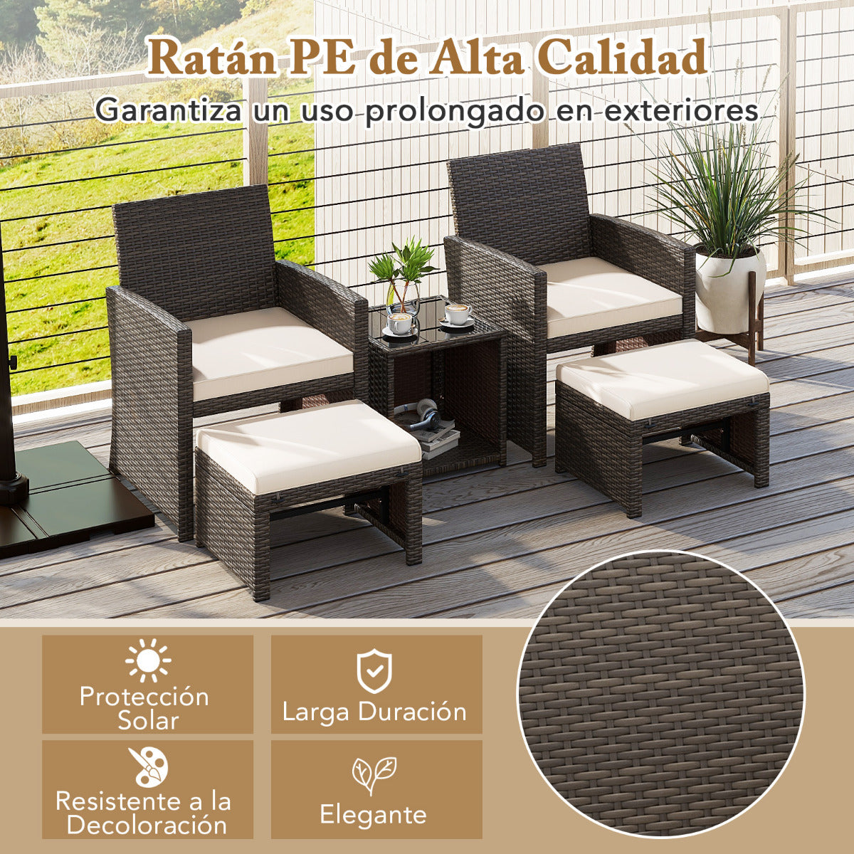 Set de 5 Muebles de Ratán Set Conversación de Exterior con Silla Acolchada Otomana y Mesa Baja para Jardín Patio Piscina Blanco