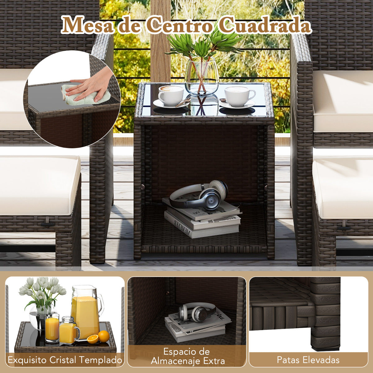 Set de 5 Muebles de Ratán Set Conversación de Exterior con Silla Acolchada Otomana y Mesa Baja para Jardín Patio Piscina Blanco