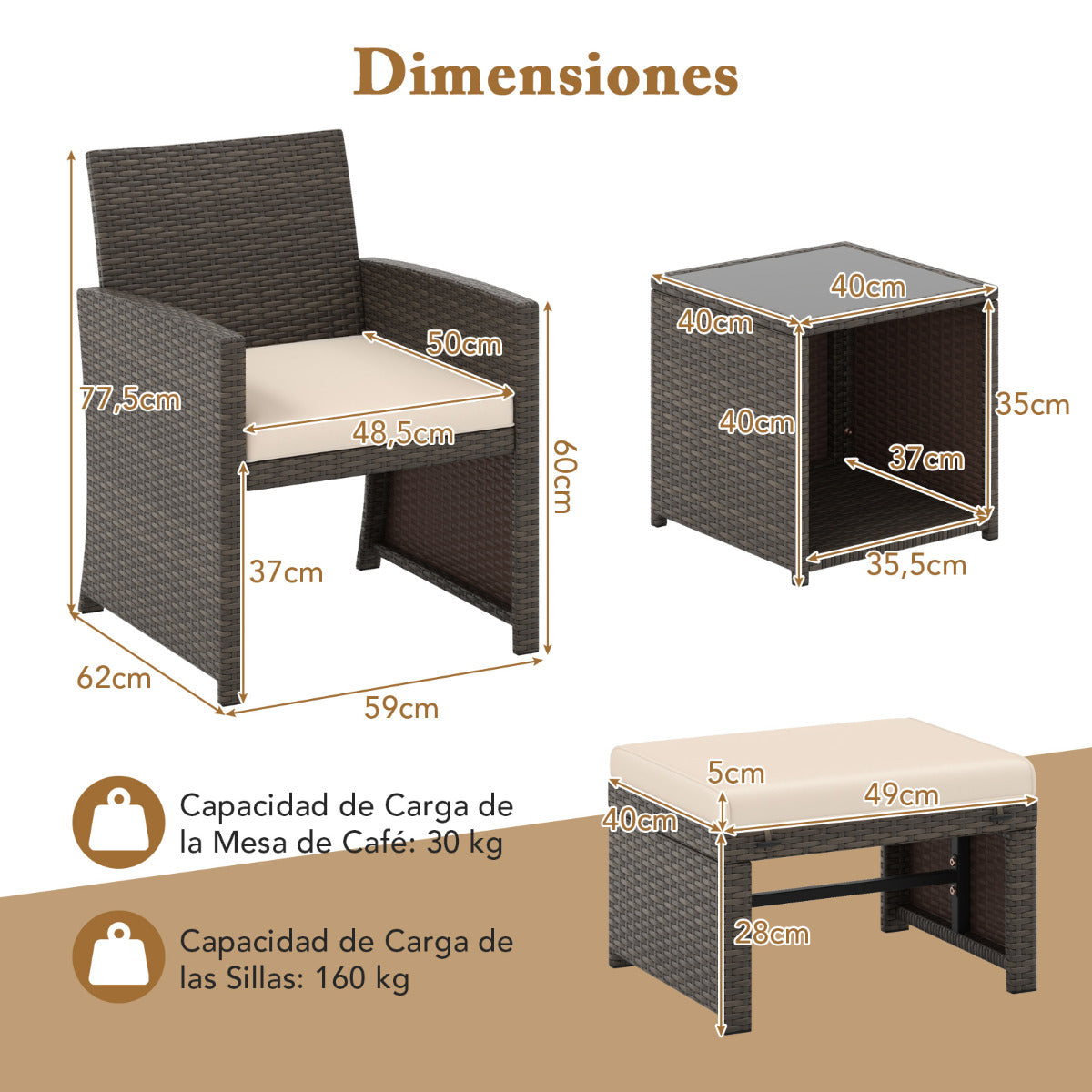 Set de 5 Muebles de Ratán Set Conversación de Exterior con Silla Acolchada Otomana y Mesa Baja para Jardín Patio Piscina Blanco