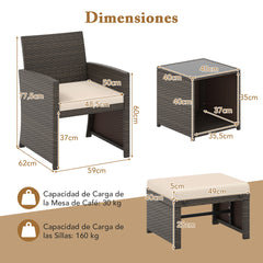 Set de 5 Muebles de Ratán Set Conversación de Exterior con Silla Acolchada Otomana y Mesa Baja para Jardín Patio Piscina Blanco