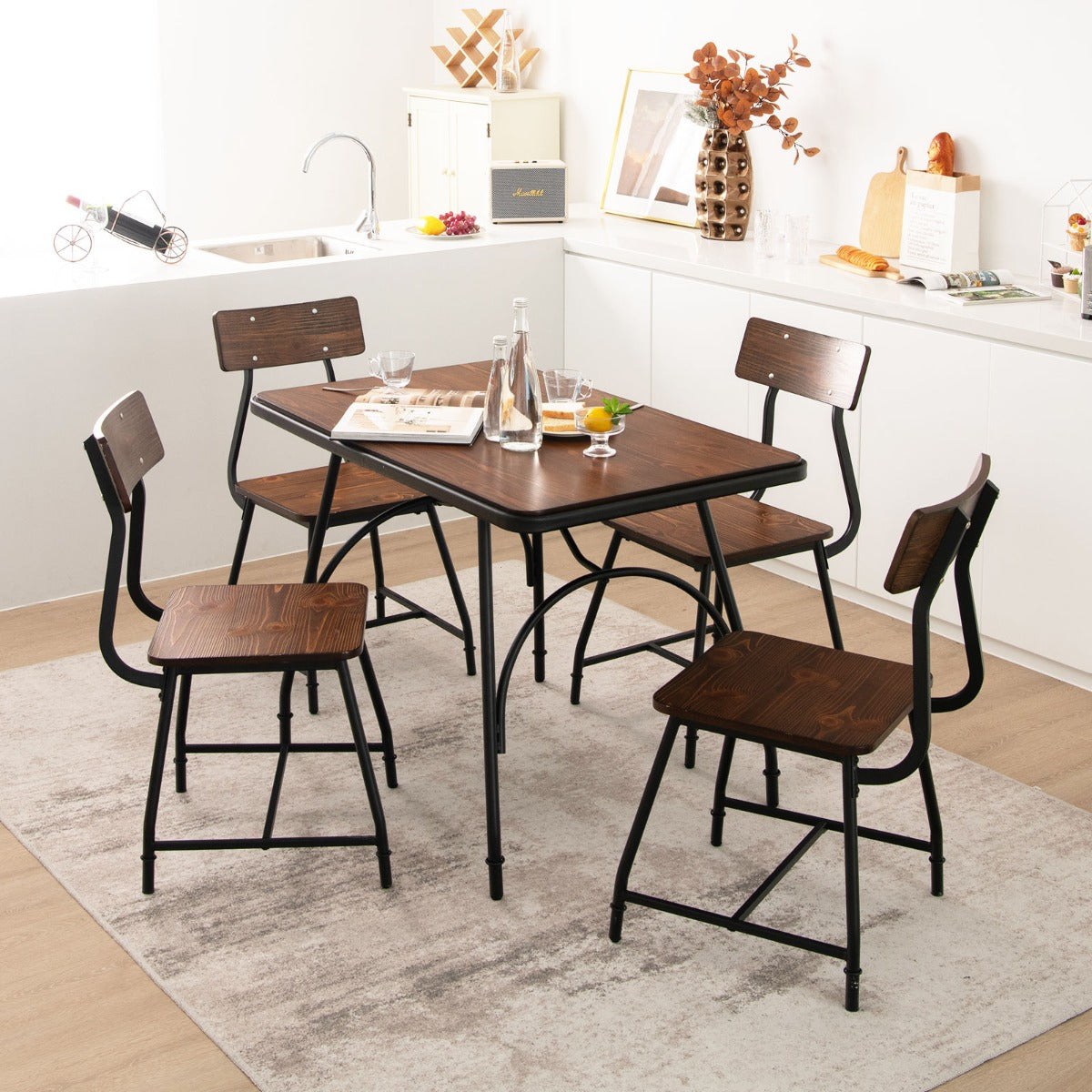 Juego de Mesa de Comedor de 5 Piezas de Madera Set de Mesa Rectangular y 4 Sillas de Cocina con Estructura de Metal-Silla-Marrón