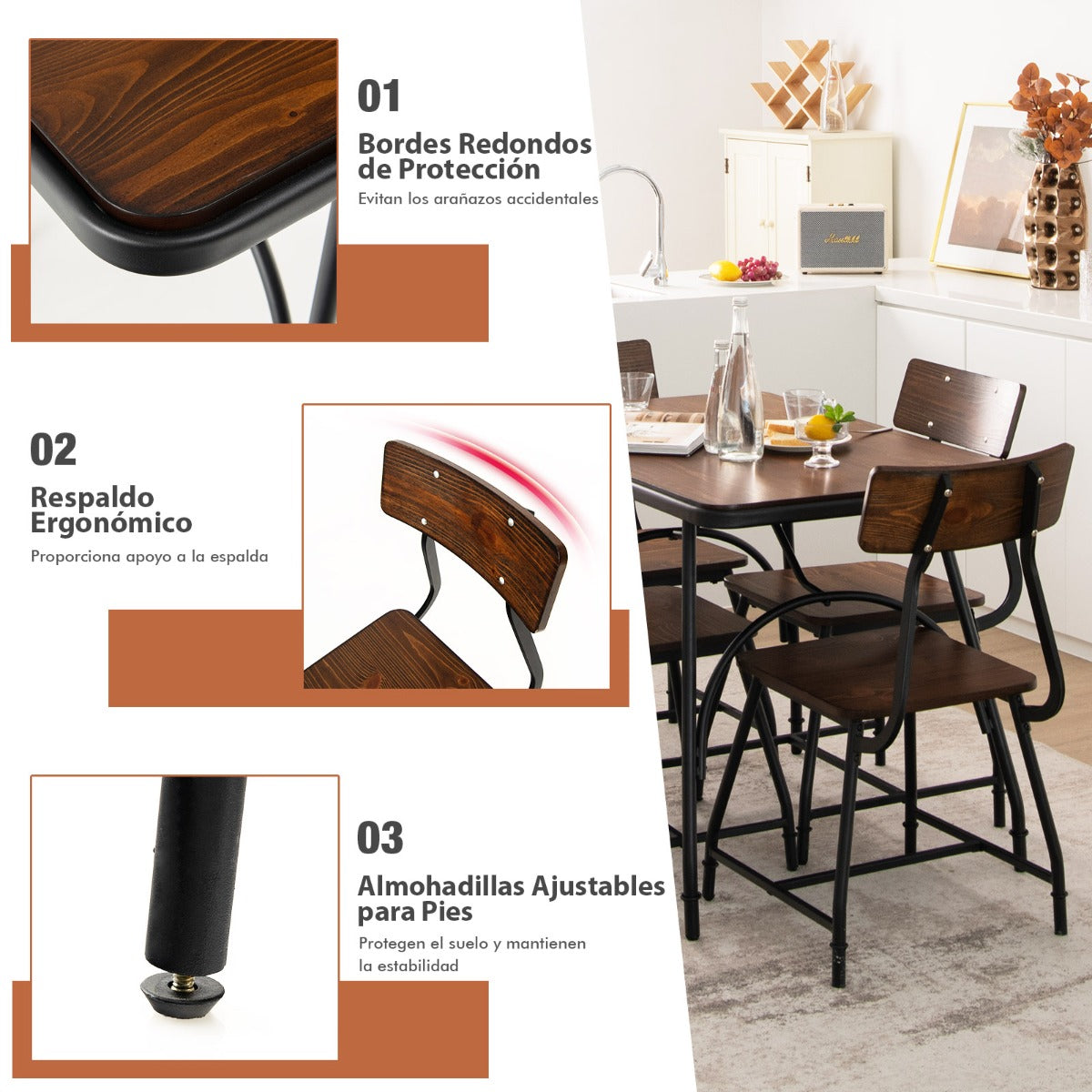Juego de Mesa de Comedor de 5 Piezas de Madera Set de Mesa Rectangular y 4 Sillas de Cocina con Estructura de Metal-Silla-Marrón