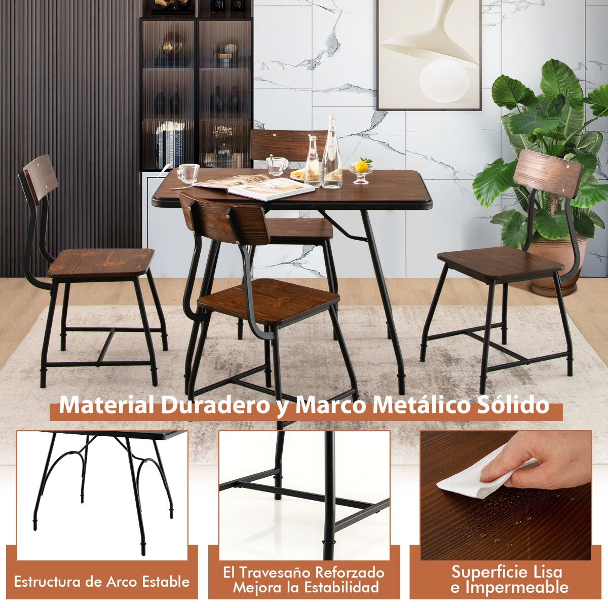Juego de Mesa de Comedor de 5 Piezas de Madera Set de Mesa Rectangular y 4 Sillas de Cocina con Estructura de Metal-Silla-Marrón