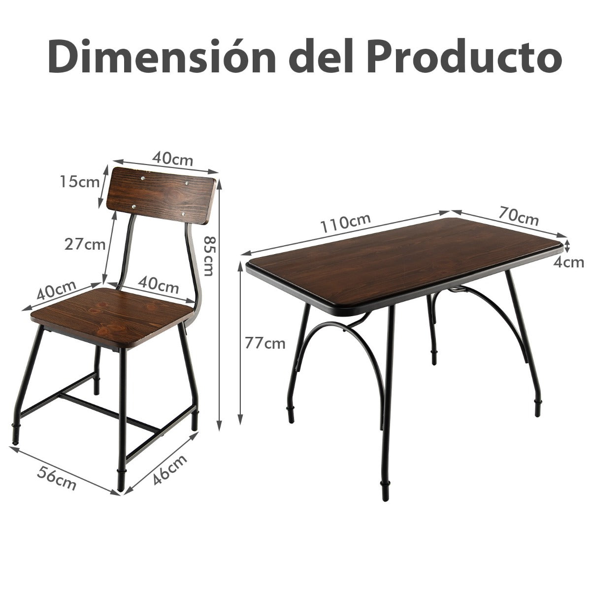 Juego de Mesa de Comedor de 5 Piezas de Madera Set de Mesa Rectangular y 4 Sillas de Cocina con Estructura de Metal-Silla-Marrón