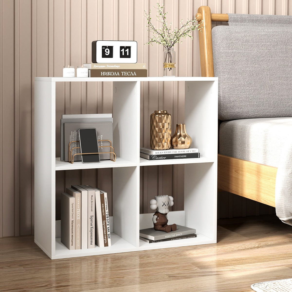 Estantería con 4 Cubos con Espalda Abierta para Almacenamiento con Kit Antivuelco para Estudio Dormitorio Salón 69,5 x 33 x 69,5 cm Blanco