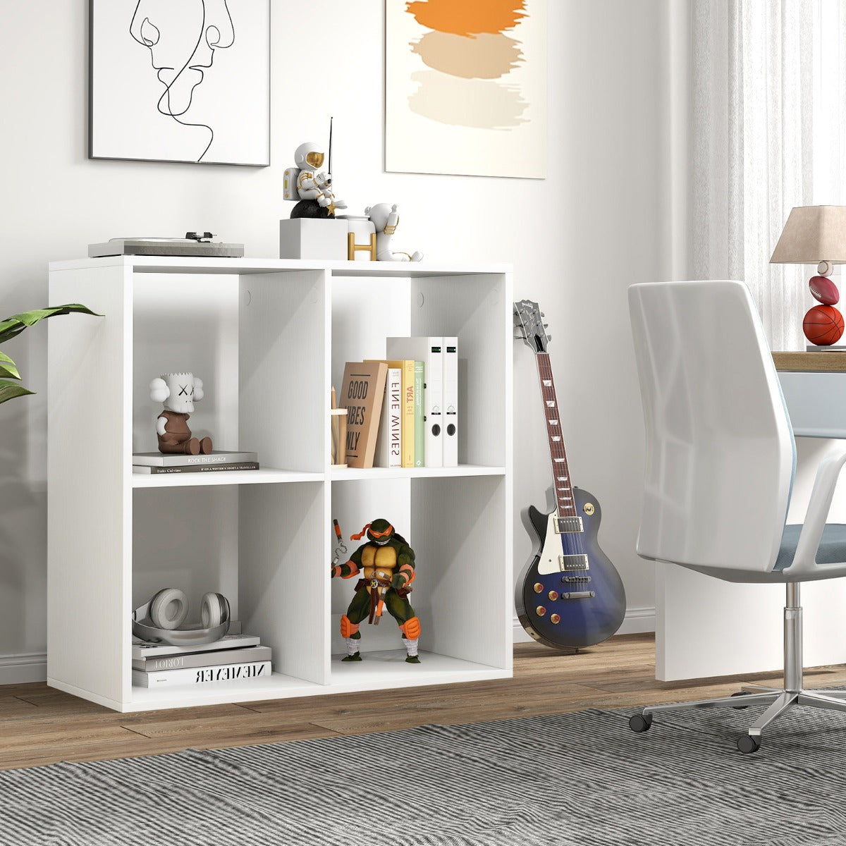 Estantería con 4 Cubos con Espalda Abierta para Almacenamiento con Kit Antivuelco para Estudio Dormitorio Salón 69,5 x 33 x 69,5 cm Blanco