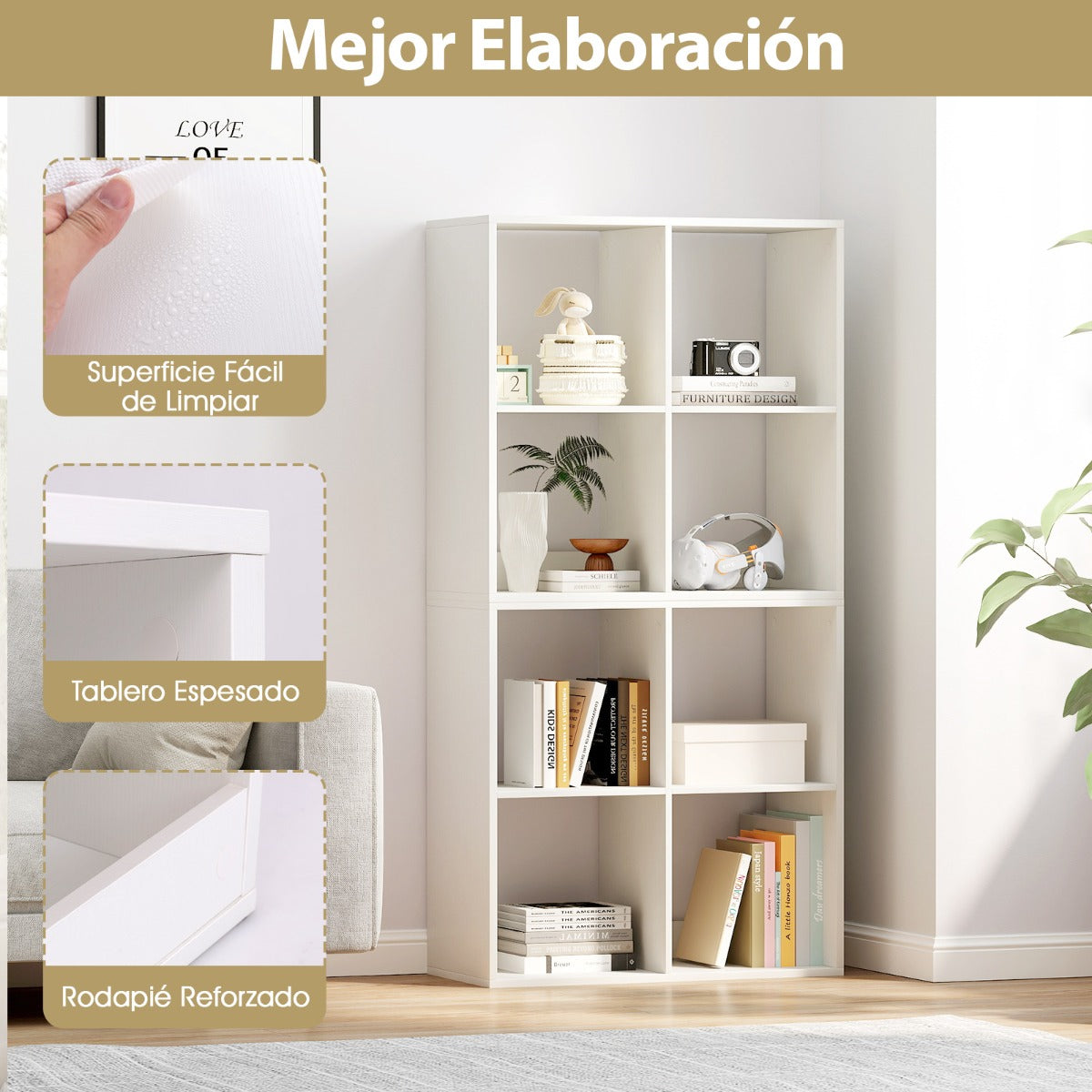 Estantería con 4 Cubos con Espalda Abierta para Almacenamiento con Kit Antivuelco para Estudio Dormitorio Salón 69,5 x 33 x 69,5 cm Blanco