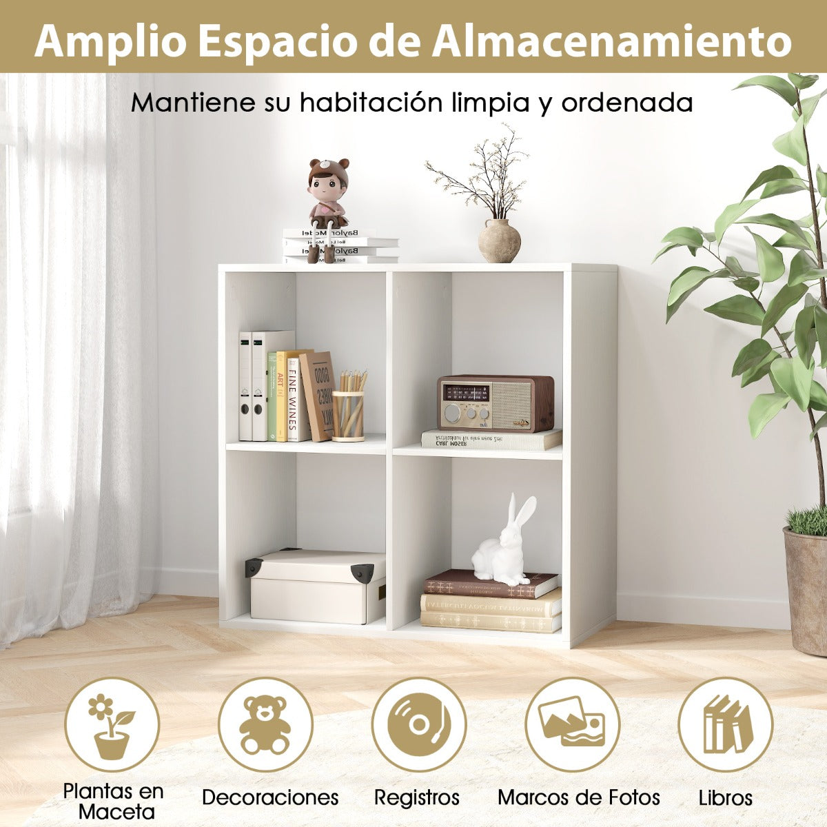 Estantería con 4 Cubos con Espalda Abierta para Almacenamiento con Kit Antivuelco para Estudio Dormitorio Salón 69,5 x 33 x 69,5 cm Blanco