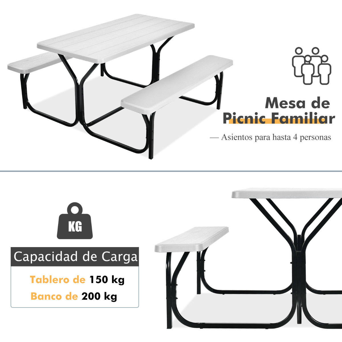 Set de Mesa y Banco de Picnic Conjunto de Muebles para Exterior Estructura Metálica para Patio Piscina Jardín 137 x 150 x 72 cm Blanco