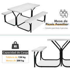 Set de Mesa y Banco de Picnic Conjunto de Muebles para Exterior Estructura Metálica para Patio Piscina Jardín 137 x 150 x 72 cm Blanco