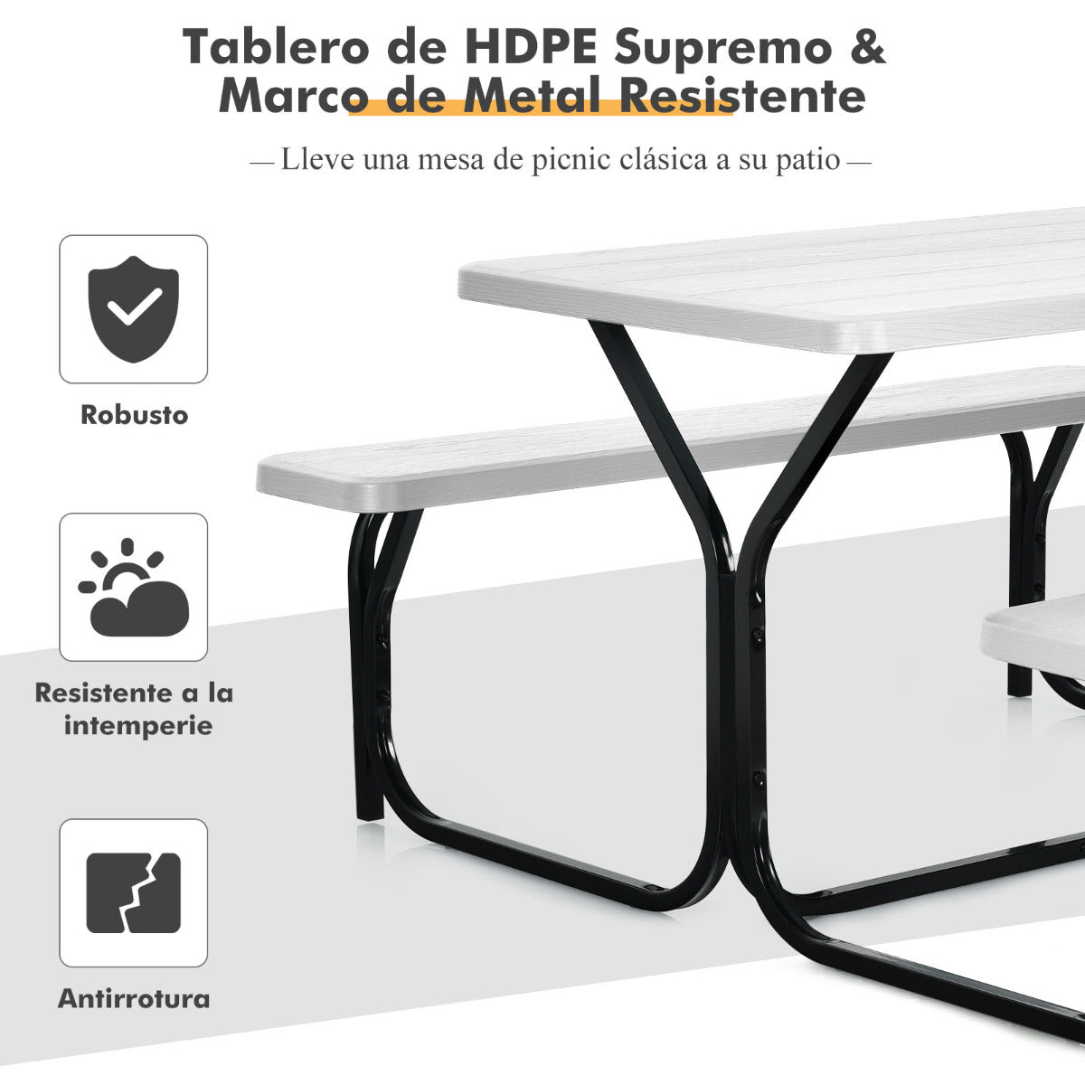 Set de Mesa y Banco de Picnic Conjunto de Muebles para Exterior Estructura Metálica para Patio Piscina Jardín 137 x 150 x 72 cm Blanco