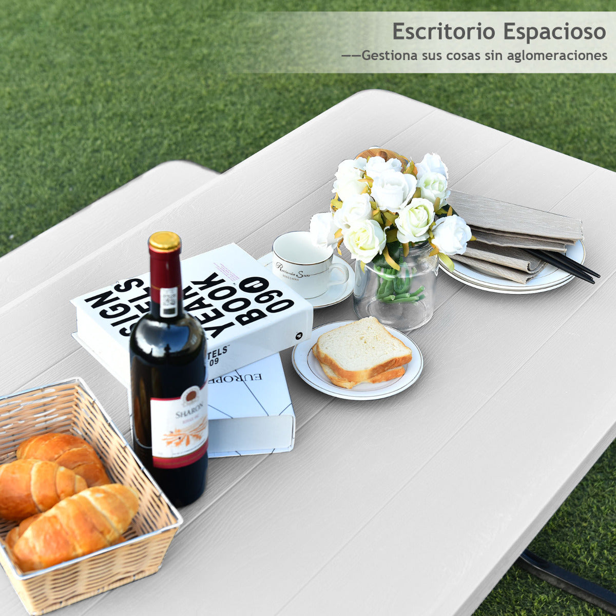 Set de Mesa y Banco de Picnic Conjunto de Muebles para Exterior Estructura Metálica para Patio Piscina Jardín 137 x 150 x 72 cm Blanco