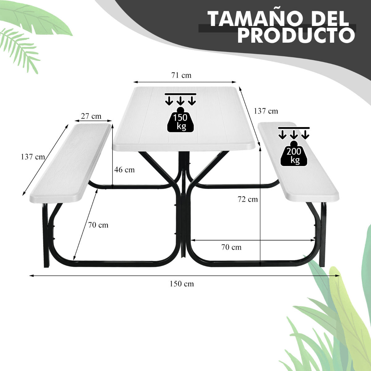 Set de Mesa y Banco de Picnic Conjunto de Muebles para Exterior Estructura Metálica para Patio Piscina Jardín 137 x 150 x 72 cm Blanco