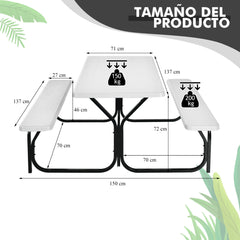 Set de Mesa y Banco de Picnic Conjunto de Muebles para Exterior Estructura Metálica para Patio Piscina Jardín 137 x 150 x 72 cm Blanco