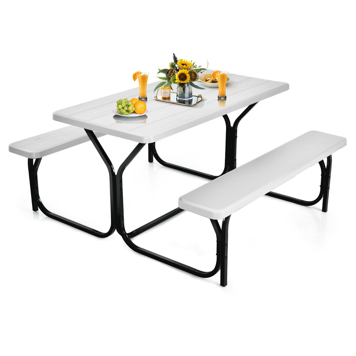 Set de Mesa y Banco de Picnic Conjunto de Muebles para Exterior Estructura Metálica para Patio Piscina Jardín 137 x 150 x 72 cm Blanco