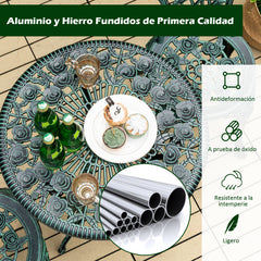 Mesa Redonda con Hoyo para Sombrilla y 2 Sillas de Jardín en Fundición y Aluminio