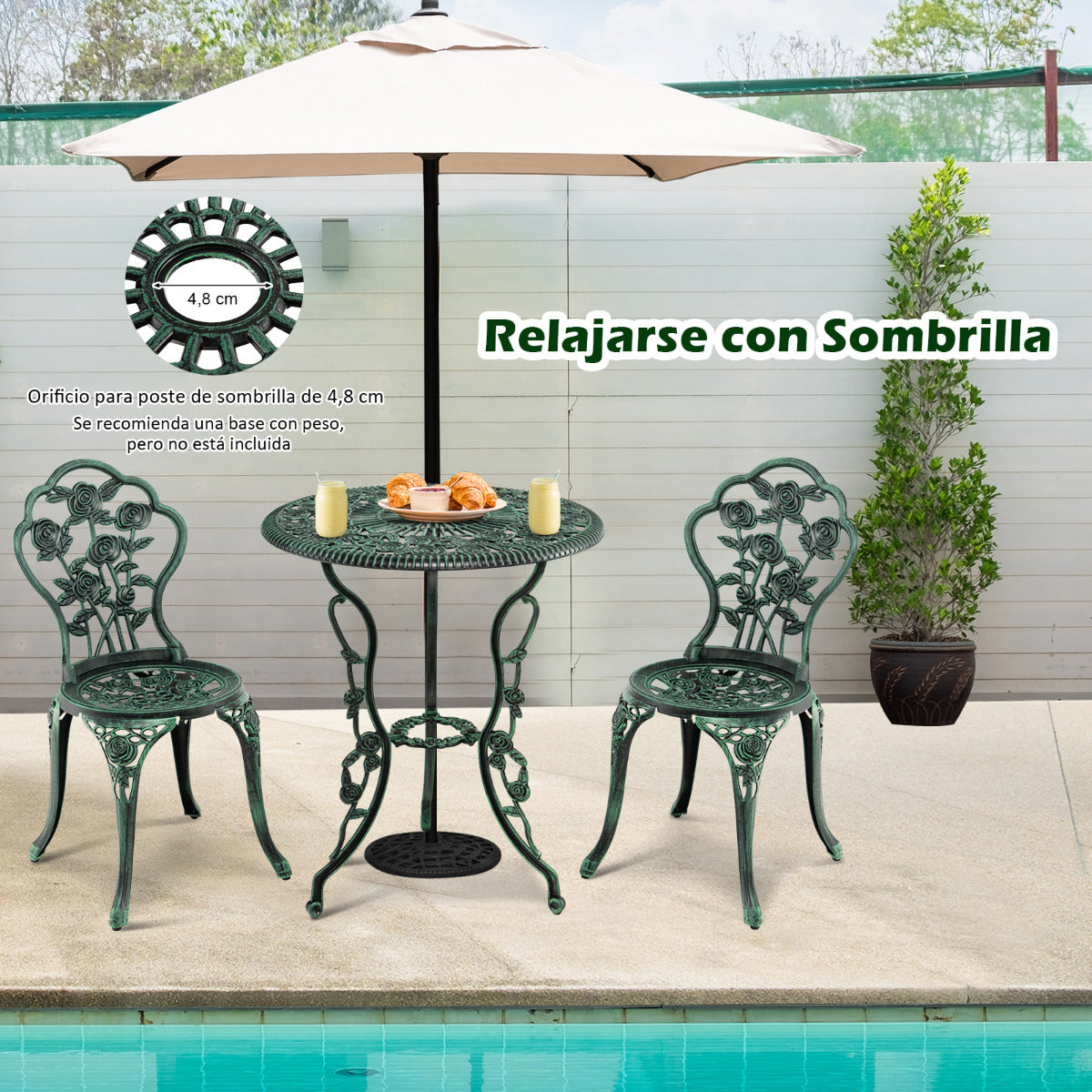 Mesa Redonda con Hoyo para Sombrilla y 2 Sillas de Jardín en Fundición y Aluminio