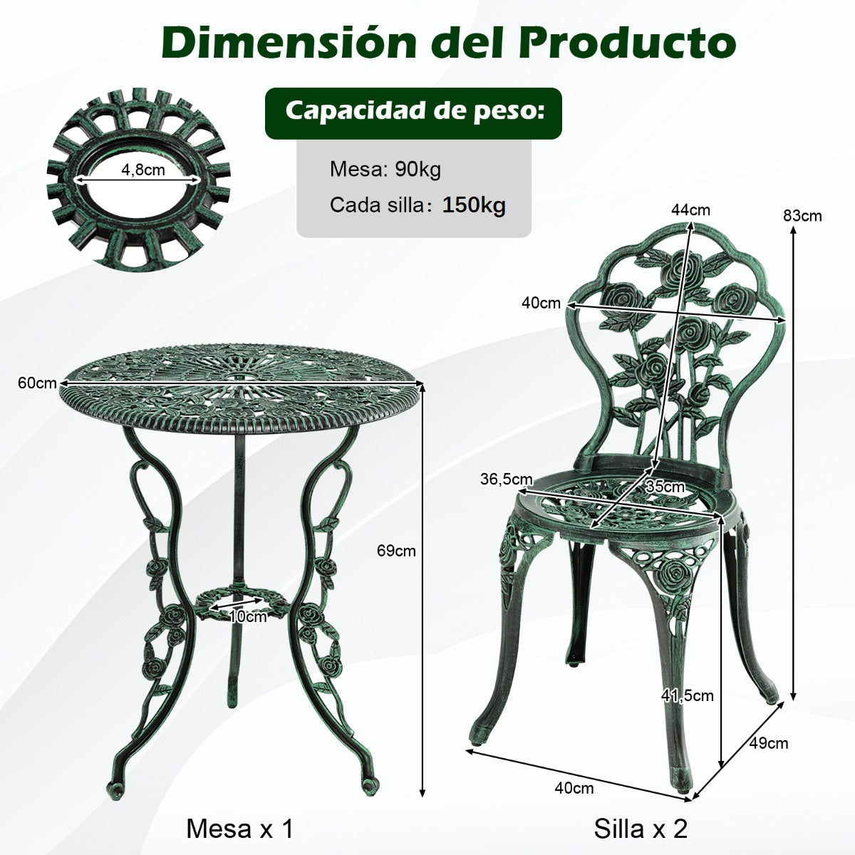 Mesa Redonda con Hoyo para Sombrilla y 2 Sillas de Jardín en Fundición y Aluminio