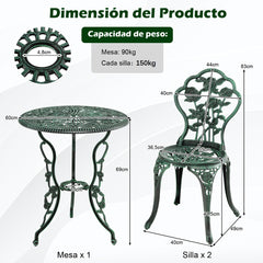 Mesa Redonda con Hoyo para Sombrilla y 2 Sillas de Jardín en Fundición y Aluminio