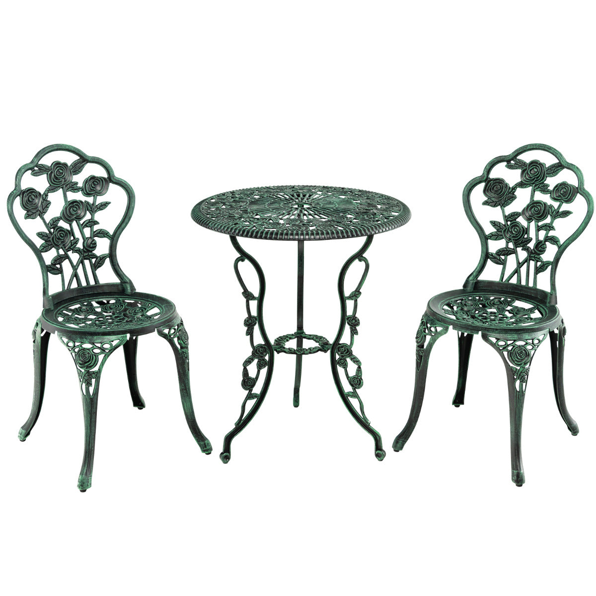 Mesa Redonda con Hoyo para Sombrilla y 2 Sillas de Jardín en Fundición y Aluminio