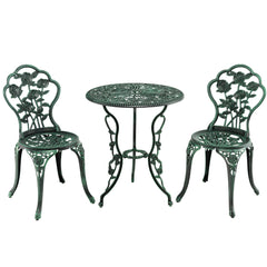 Mesa Redonda con Hoyo para Sombrilla y 2 Sillas de Jardín en Fundición y Aluminio