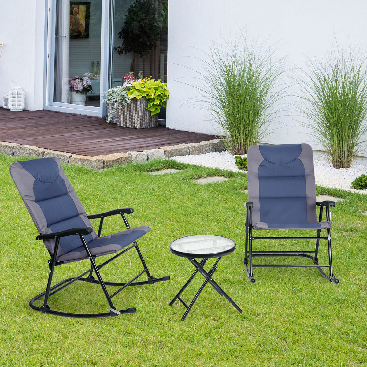 Set 2 Sillas Plegables con Mesa Baja de Exterior Juego de Muebles Sillas Asiento Acolchado para Patio Playa Piscina Azul