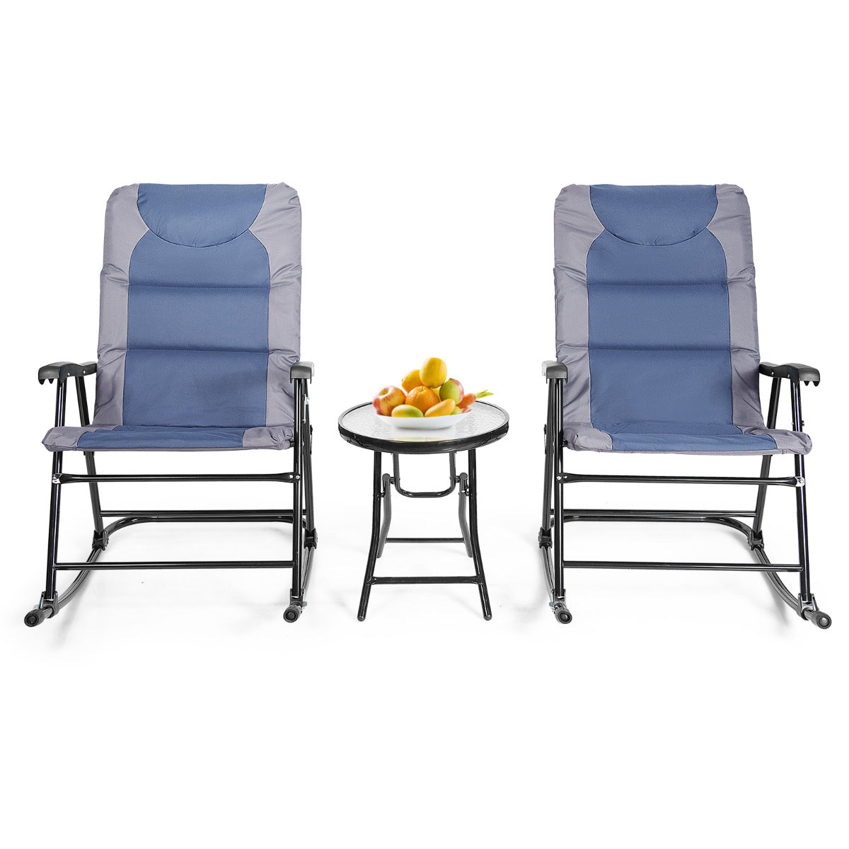 Set 2 Sillas Plegables con Mesa Baja de Exterior Juego de Muebles Sillas Asiento Acolchado para Patio Playa Piscina Azul