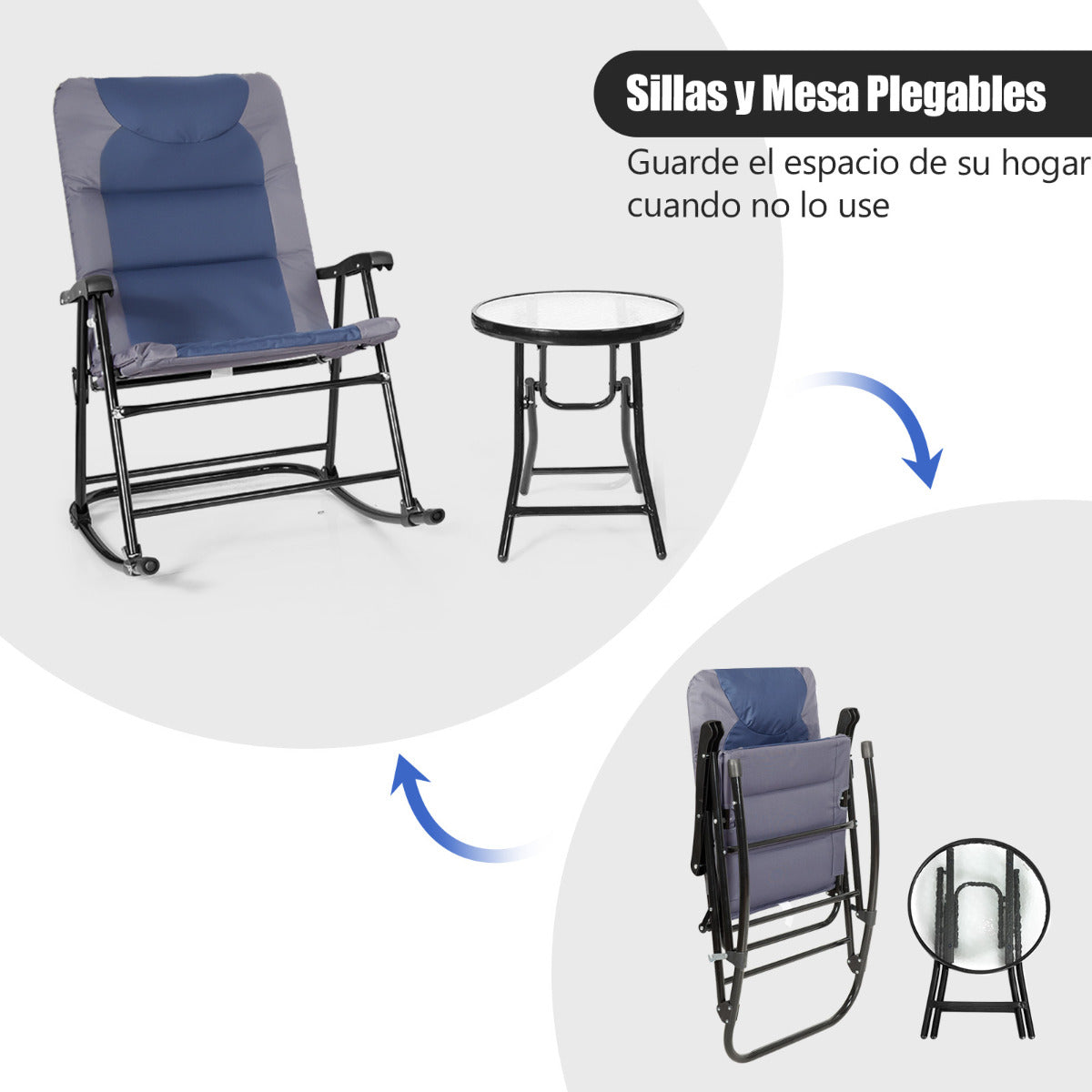 Set 2 Sillas Plegables con Mesa Baja de Exterior Juego de Muebles Sillas Asiento Acolchado para Patio Playa Piscina Azul