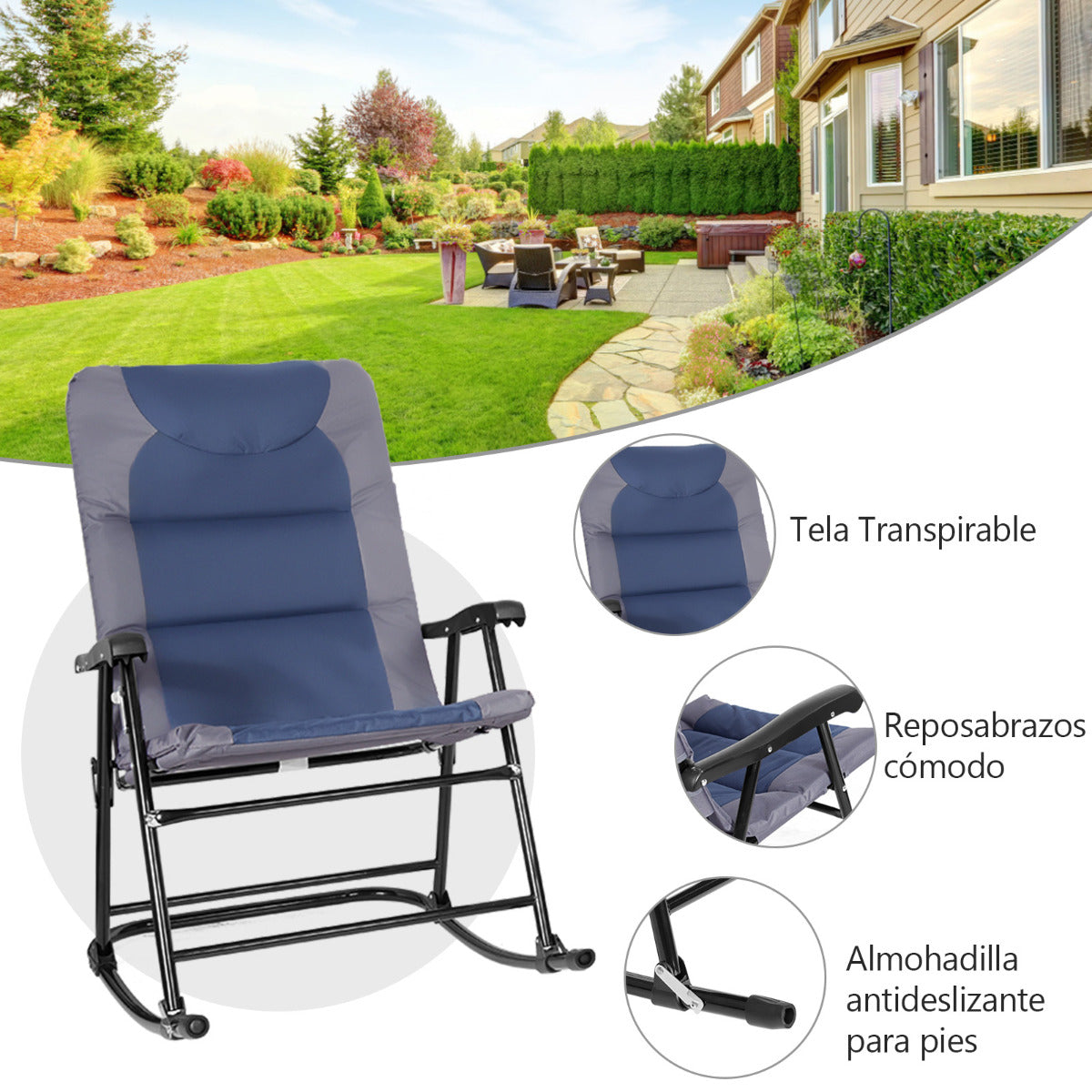 Set 2 Sillas Plegables con Mesa Baja de Exterior Juego de Muebles Sillas Asiento Acolchado para Patio Playa Piscina Azul