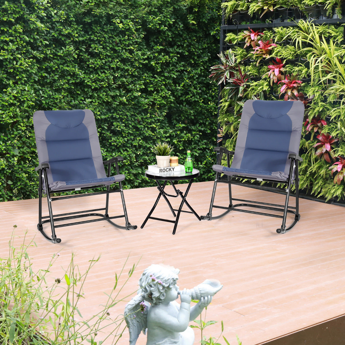 Set 2 Sillas Plegables con Mesa Baja de Exterior Juego de Muebles Sillas Asiento Acolchado para Patio Playa Piscina Azul