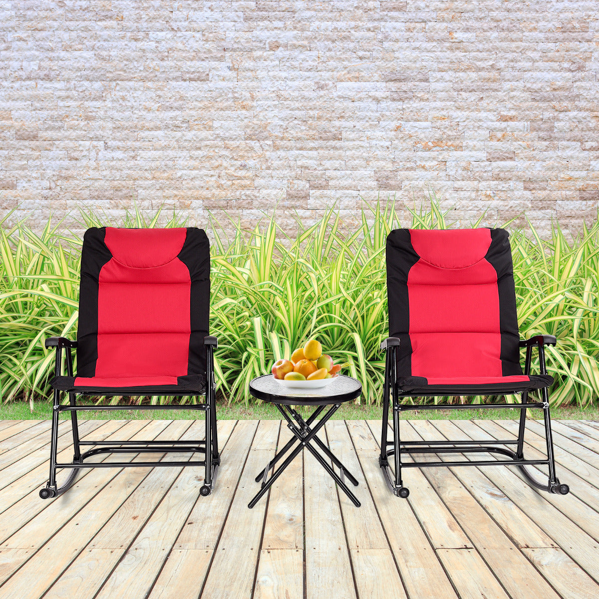 Set 2 Sillas Plegables con Mesa Baja de Exterior Juego de Muebles Sillas Asiento Acolchado para Patio Playa Piscina Rojo