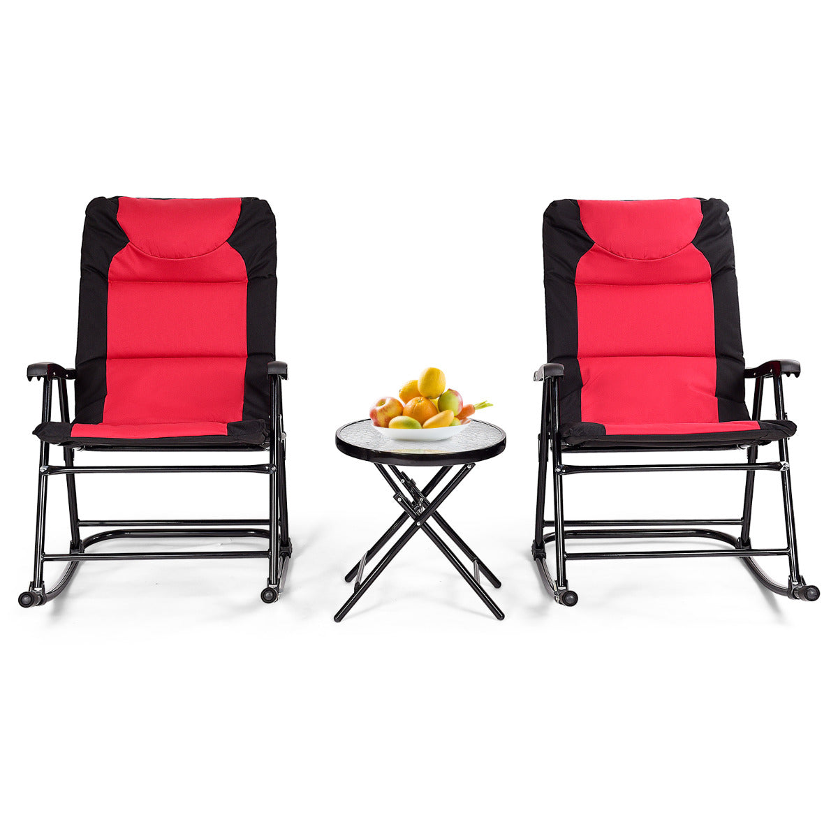 Set 2 Sillas Plegables con Mesa Baja de Exterior Juego de Muebles Sillas Asiento Acolchado para Patio Playa Piscina Rojo