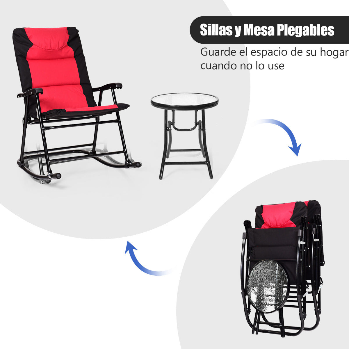 Set 2 Sillas Plegables con Mesa Baja de Exterior Juego de Muebles Sillas Asiento Acolchado para Patio Playa Piscina Rojo