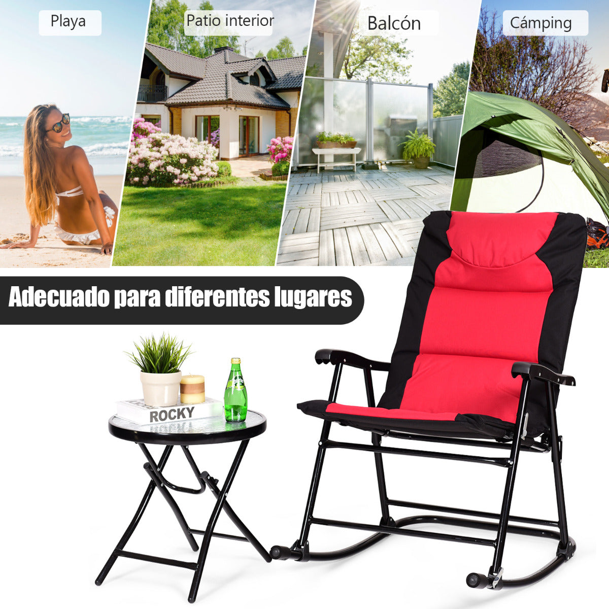 Set 2 Sillas Plegables con Mesa Baja de Exterior Juego de Muebles Sillas Asiento Acolchado para Patio Playa Piscina Rojo