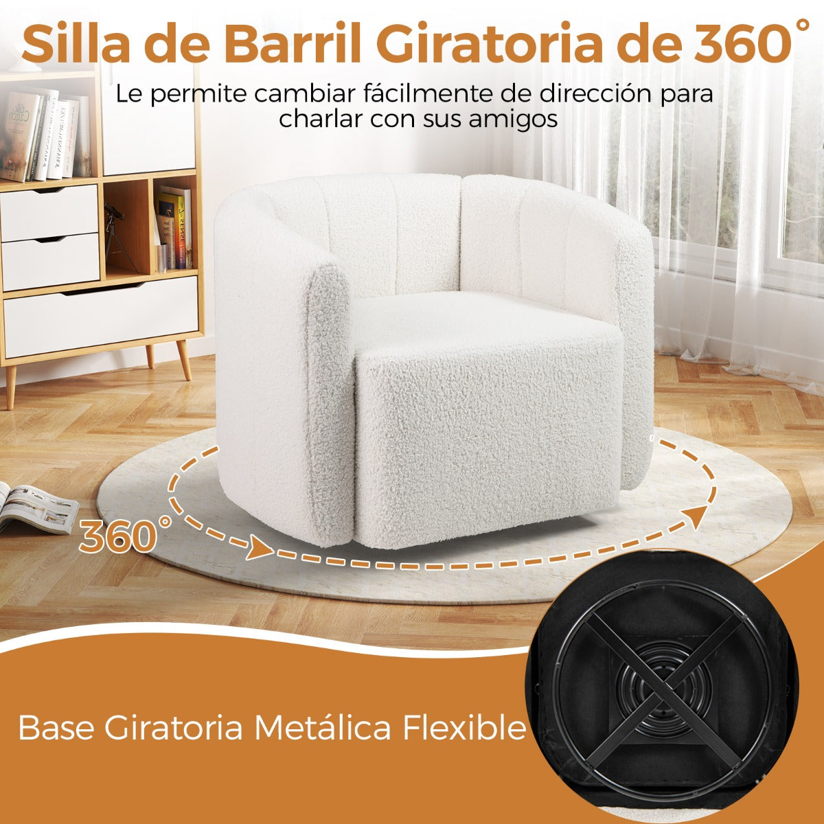 Sillón Giratorio Barrel Acento Moderno Tapizado en Sherpa con Respaldo y Descansabrazos con Forma de Calabaza para Salón Dormitorio Blanco