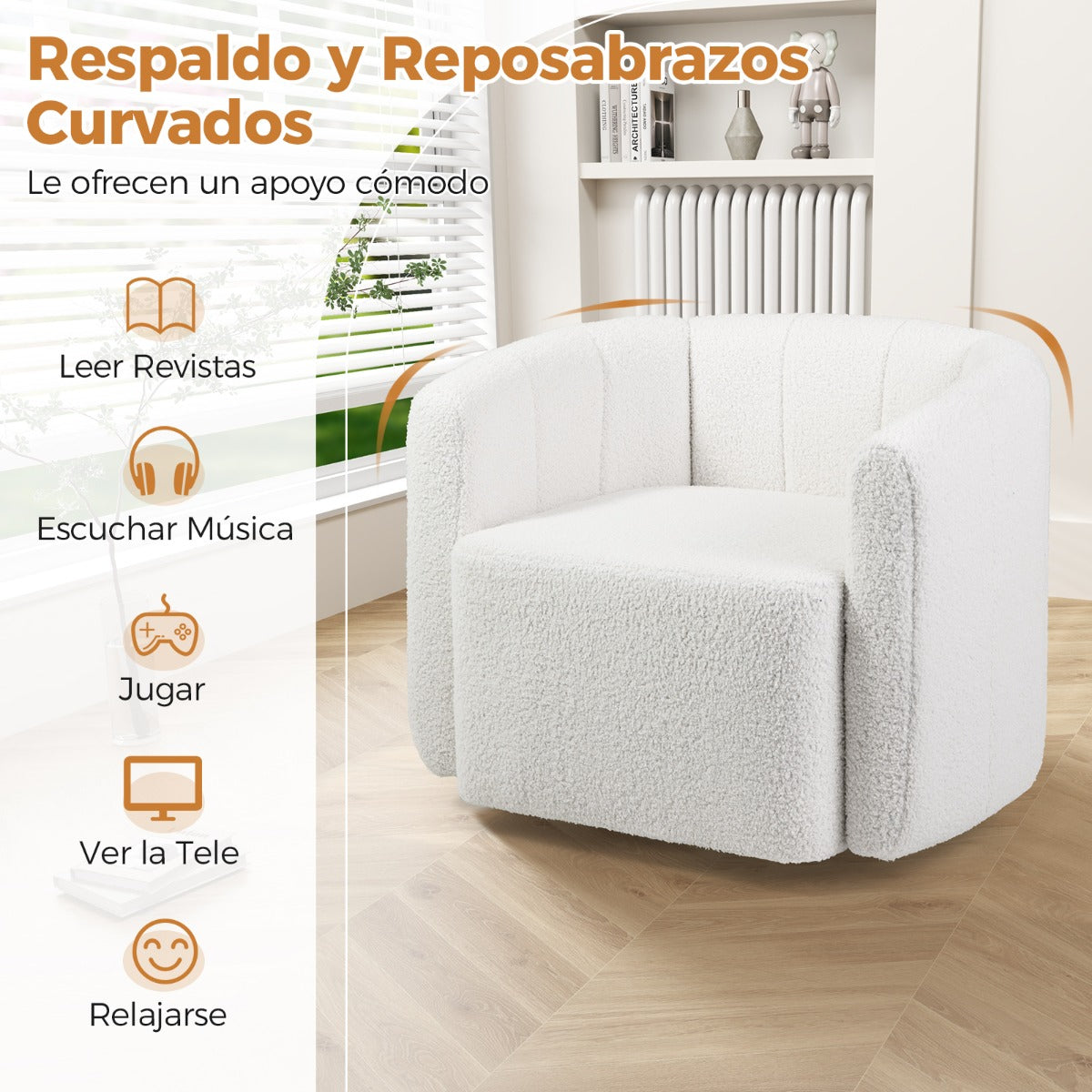 Sillón Giratorio Barrel Acento Moderno Tapizado en Sherpa con Respaldo y Descansabrazos con Forma de Calabaza para Salón Dormitorio Blanco