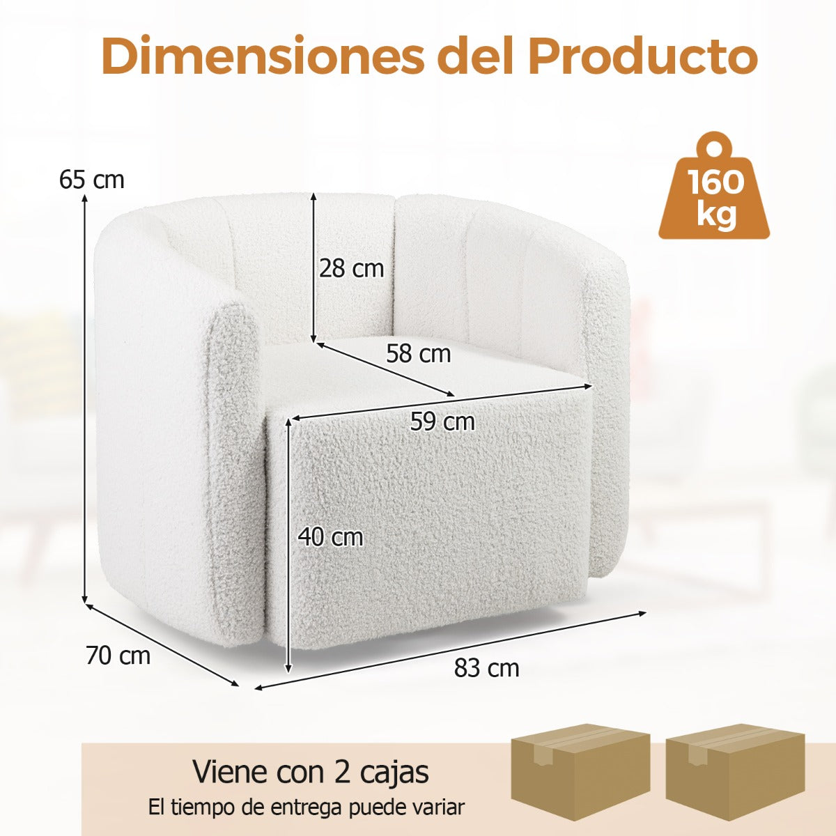Sillón Giratorio Barrel Acento Moderno Tapizado en Sherpa con Respaldo y Descansabrazos con Forma de Calabaza para Salón Dormitorio Blanco