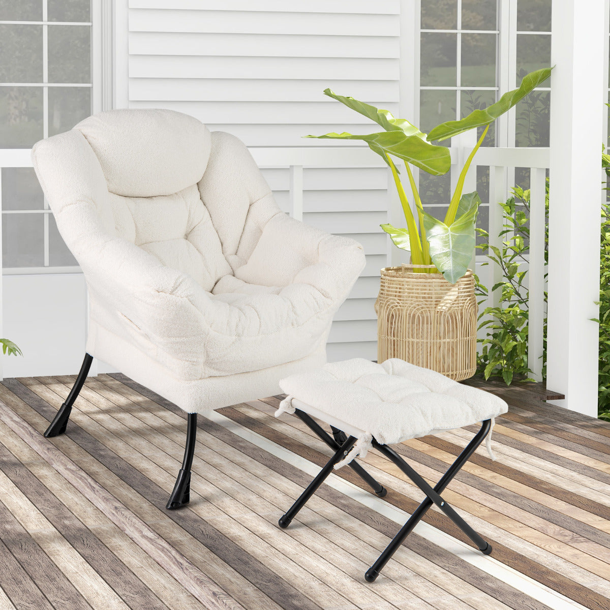 Sillón con Otomana Sillón de Ocio Moderno con Reposapiés Plegable Cojín de Cabeza Reposabrazos Silla Tapizada para Salón Dormitorio Beige