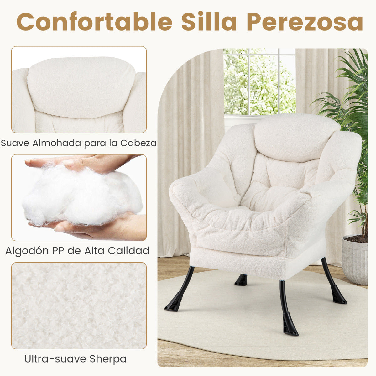 Sillón con Otomana Sillón de Ocio Moderno con Reposapiés Plegable Cojín de Cabeza Reposabrazos Silla Tapizada para Salón Dormitorio Beige
