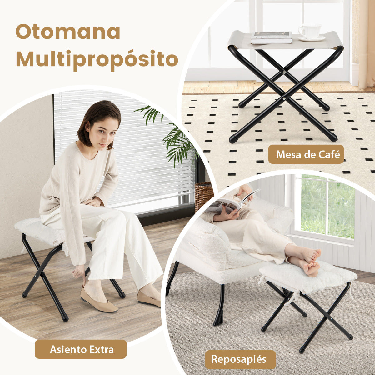 Sillón con Otomana Sillón de Ocio Moderno con Reposapiés Plegable Cojín de Cabeza Reposabrazos Silla Tapizada para Salón Dormitorio Beige