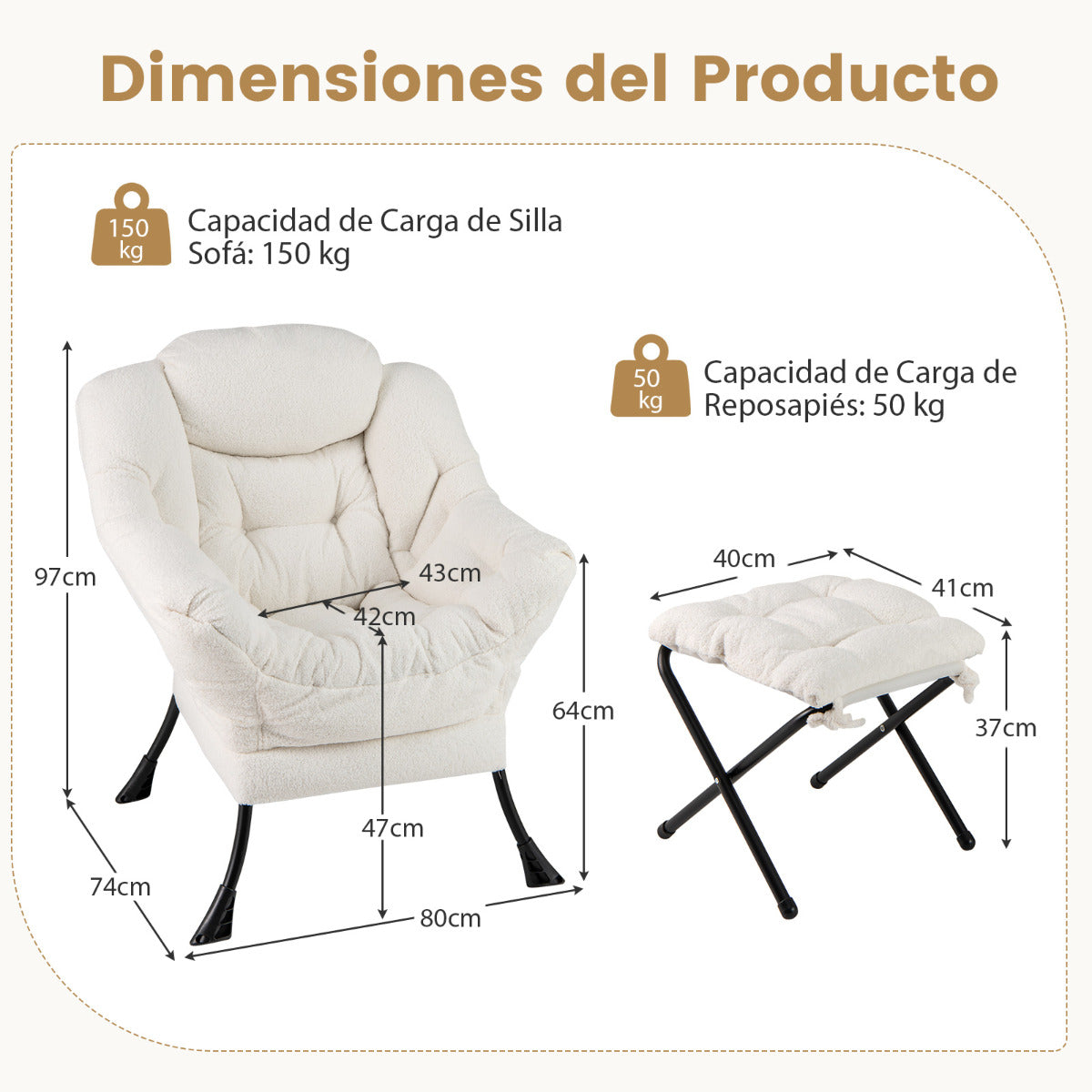 Sillón con Otomana Sillón de Ocio Moderno con Reposapiés Plegable Cojín de Cabeza Reposabrazos Silla Tapizada para Salón Dormitorio Beige