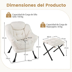 Sillón con Otomana Sillón de Ocio Moderno con Reposapiés Plegable Cojín de Cabeza Reposabrazos Silla Tapizada para Salón Dormitorio Beige